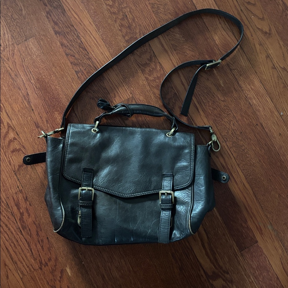 Charcoal Grey Genuine Leather Satchel Messenger Bag